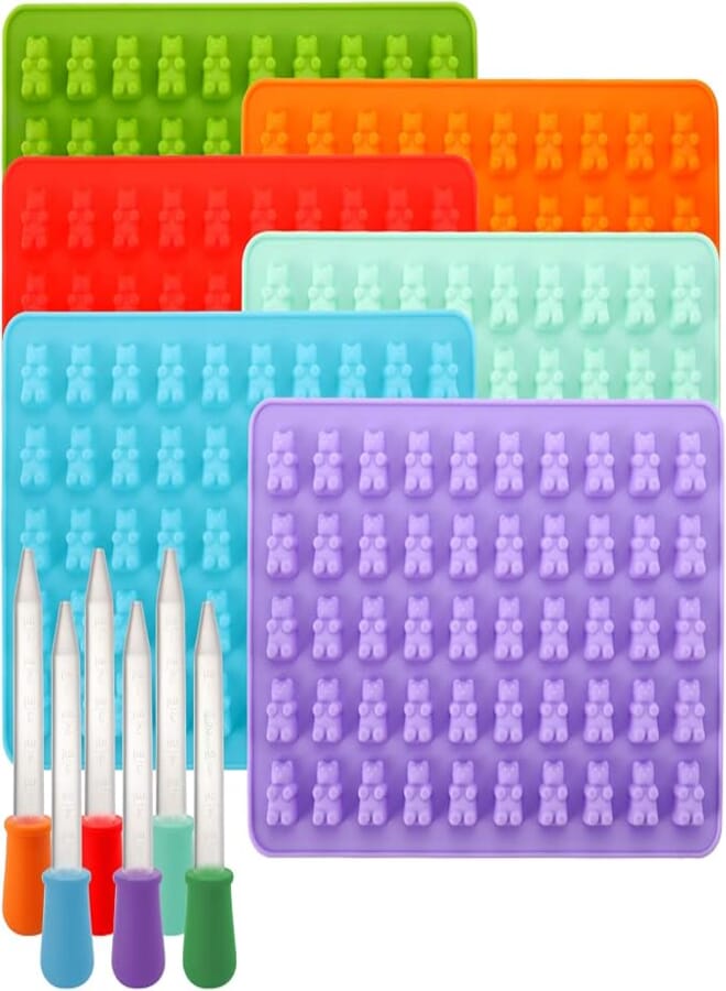 Lawei 6 Pack Gummy Bear Candy Molds - Silicone Chocolate Gummy Molds - 300 Cavities and 6 Bonus Droppers
