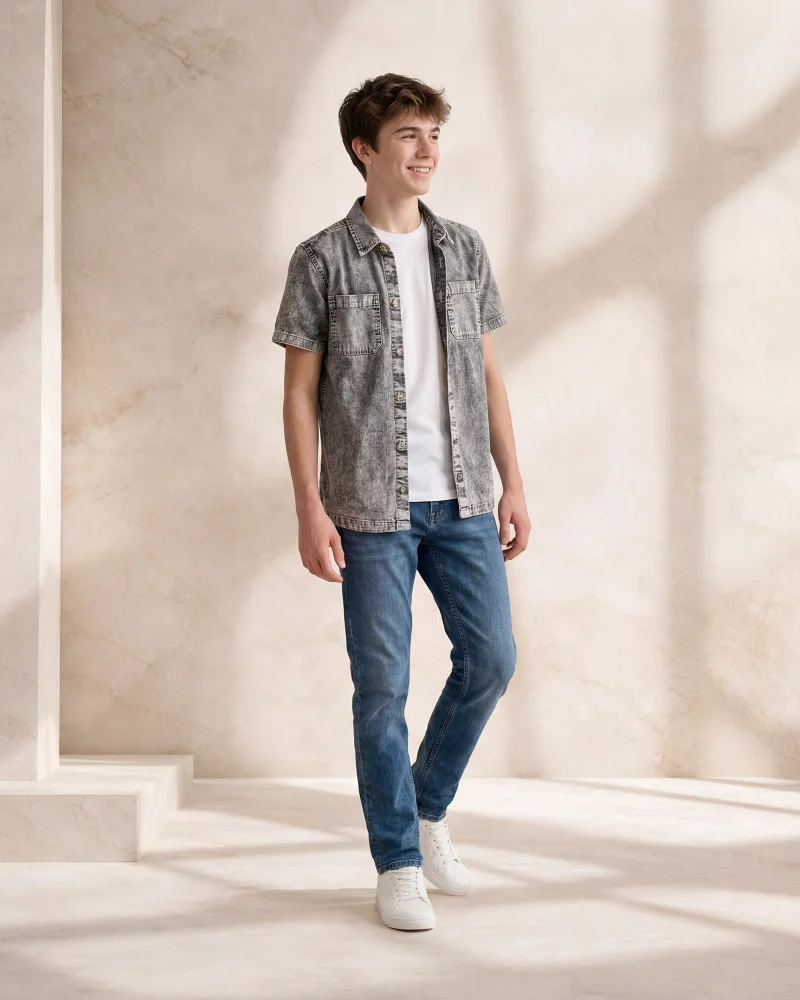 Redtag Senior Boys Black Casual Shirt With T Shirt