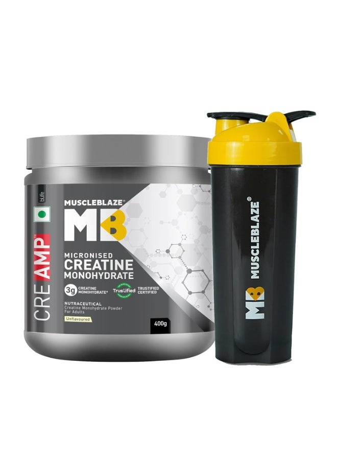 مسل بلايز مسحوق MuscleBlaze CreAMP (كرياتين مونوهيدرات ميكروني) - غير منكه (129 حصة، 400 جم) مع عبوة خلط (Shaker) | كرياتين معتمد من Trustified - Image 1