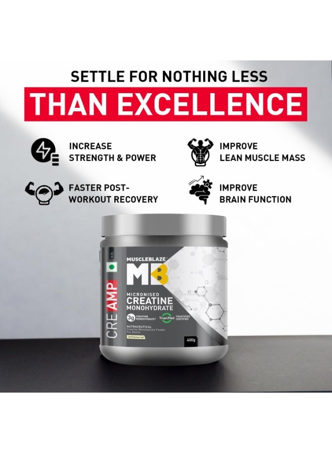 مسل بلايز مسحوق MuscleBlaze CreAMP (كرياتين مونوهيدرات ميكروني) - غير منكه (129 حصة، 400 جم) مع عبوة خلط (Shaker) | كرياتين معتمد من Trustified - Image 2