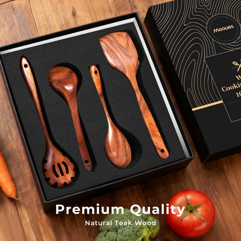 Mooues Wooden Spoons for Cooking, Wooden Utensils for Cooking Natural Teak Wooden Kitchen Utensils Set Comfort Grip(10 PCS SET GIFT BOX) - Image 3