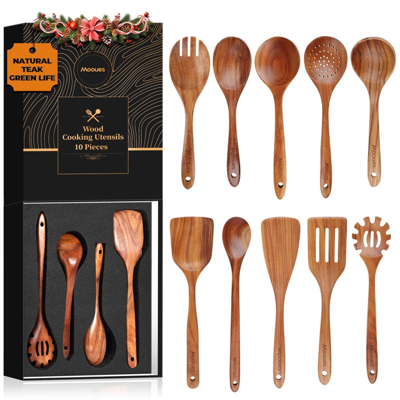 Mooues Wooden Spoons for Cooking, Wooden Utensils for Cooking Natural Teak Wooden Kitchen Utensils Set Comfort Grip(10 PCS SET GIFT BOX) - Image 1