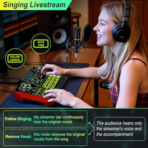 tenlamp Podcast Equipment Bundle Audio Mixer, Sound Board for Pc/Phone Live Streaming Singing Gaming, Podcast Mixer for 3.5/6.35mm Dynamic Microphone, Voice Changer, Denoise, One Click Mute - Image 5
