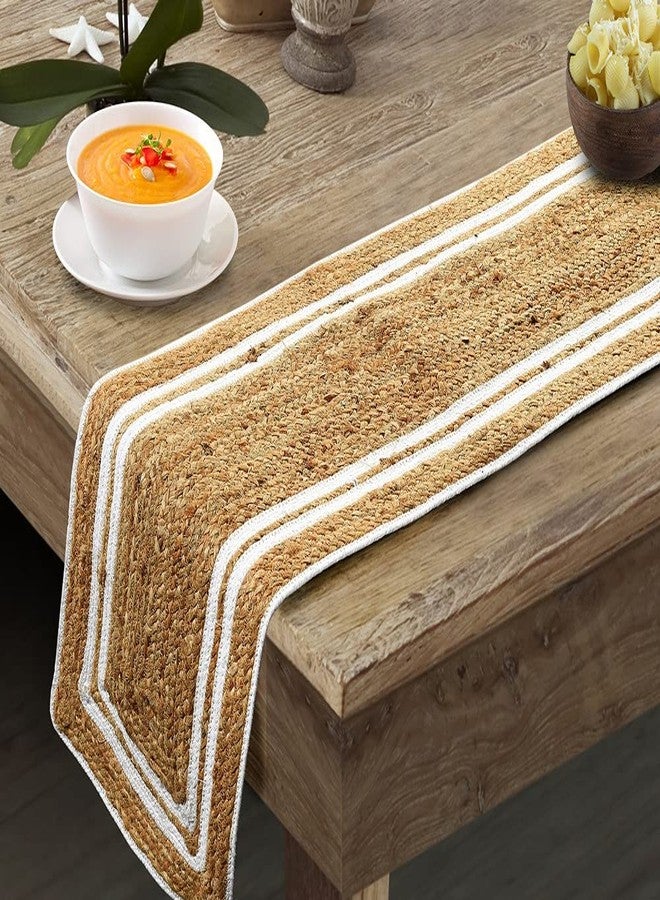 pepme Jute Table Runner, Braided Handmade Natural Color, White Stripe Handwoven Mat for Dining Table, Floor, Bed (Rectangle, Beige, 12x54 Inches) - Image 1