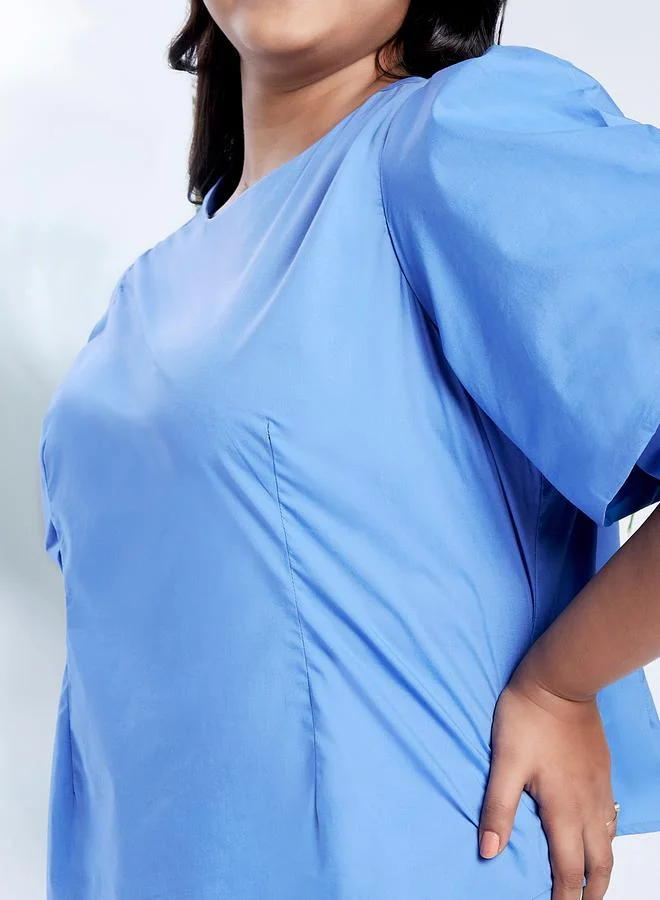 globus Globus Plus Size Blue Top with Puff Sleeves