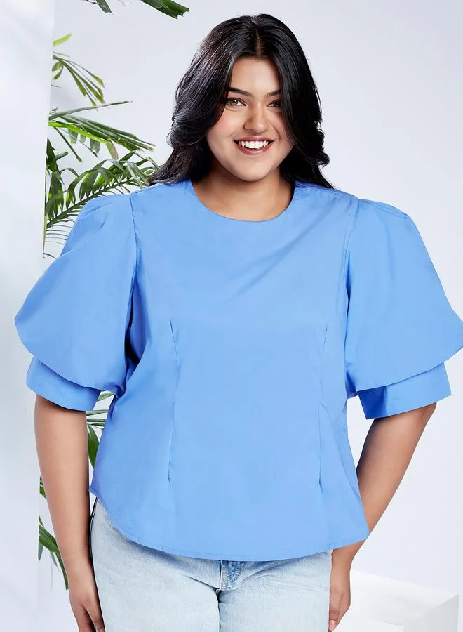globus Globus Plus Size Blue Top with Puff Sleeves