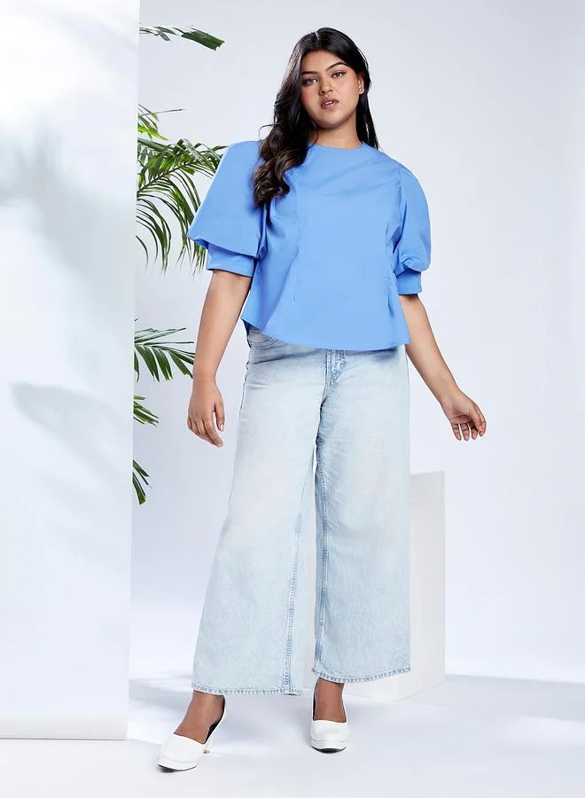 globus Globus Plus Size Blue Top with Puff Sleeves