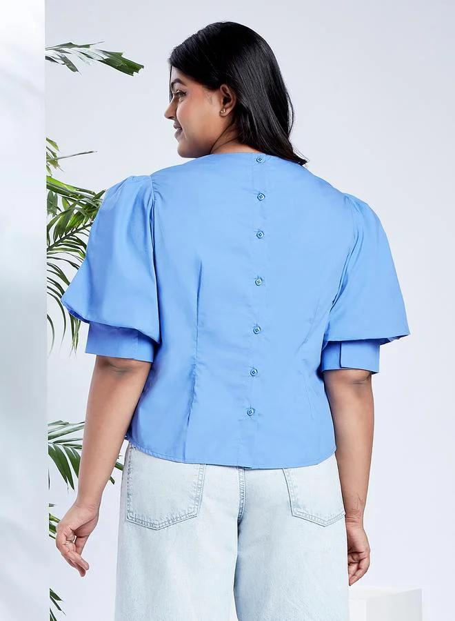 globus Globus Plus Size Blue Top with Puff Sleeves