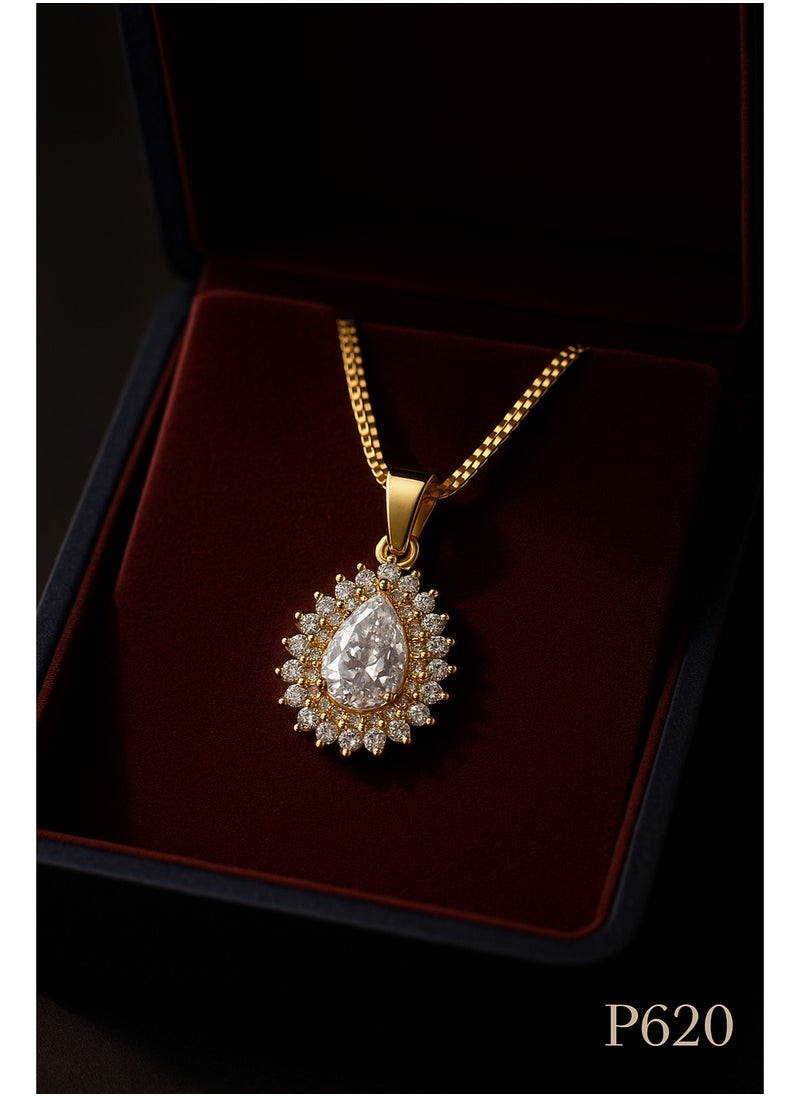 3Diamonds Gold Plated Women’s Necklace – Teardrop Halo Pendant with Sparkling Crystals – 3DIAMONDS  - Image 1