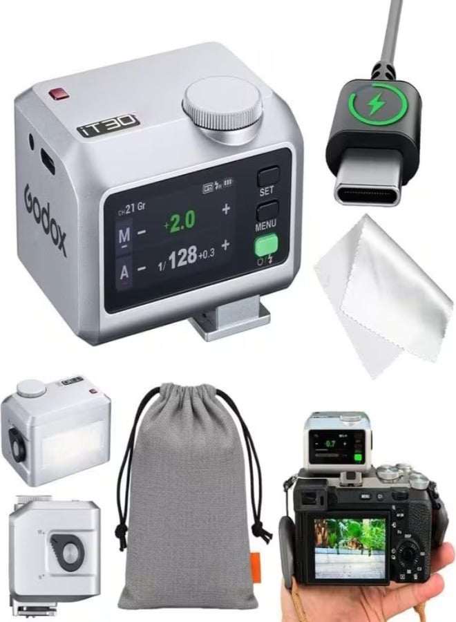 جودوكس فلاش Godox iT30 Pro C Mini لكاميرات كانون - تعريض تلقائي TTL، سرعة عالية عالية 1/8000 ثانية، نظام X لاسلكي 2.4 جيجاهرتز، شاشة لمس ملونة كاملة مقاس 2.8 بوصة، بطارية ليثيوم، موزع مدمج، فلاش سفر صغير الحجم (فضي) - Image 1