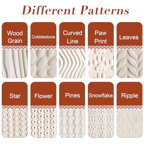 Lzttyee Set of 10 Wooden Handle Pottery Tools Clay Modeling Pattern Rollers Kit Brown (Set of 10) - Image 3