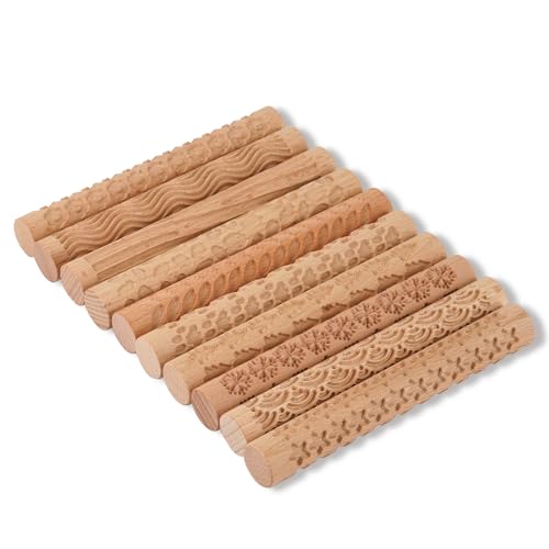 Lzttyee Set of 10 Wooden Handle Pottery Tools Clay Modeling Pattern Rollers Kit Brown (Set of 10) - Image 1