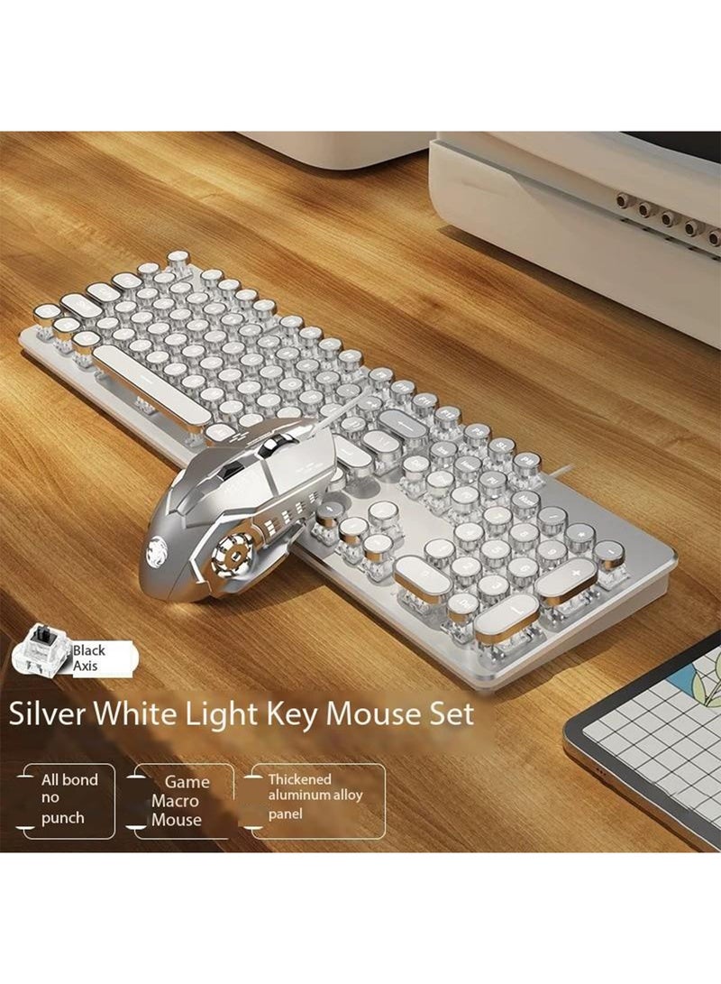Gaming Keyboard and Mouse Set Retro Punk Typewriter Mechanical Design Blue Switch White Backlight USB Wired for Desktop Laptop - Image 1