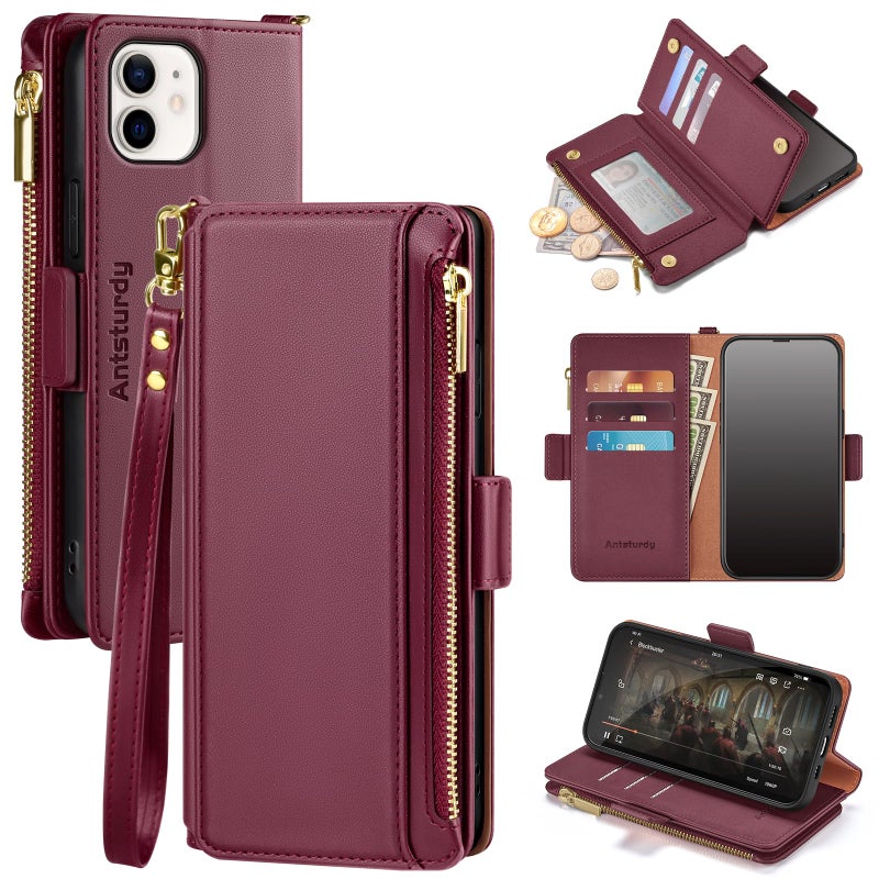Antsturdy Compatible with iPhone 11 Wallet CaseRFID Blocking PU Leather Phone Case Women Men Flip Shockproof Protective Cover Wrist Strap Zipper Credit Card Holder Slotsfor Apple 11 61Wine Red - Image 2