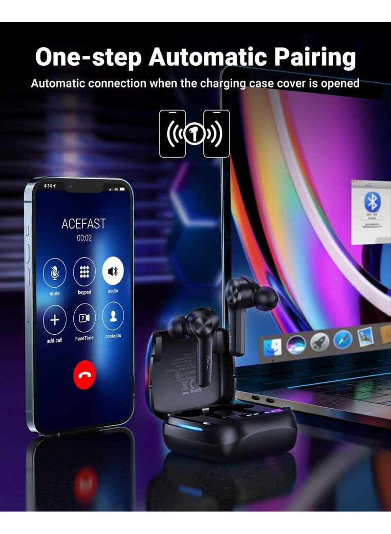ACEFAST True Wireless Bluetooth Earbuds T4, 65ms Ultra-Low Latency Wireless Headphones with Deep Bass Hi-Fi Stereo Sound for Game, Video and Music, USB C Fast Charging Earbuds for Cell Phone, Tablet - Black - Image 2