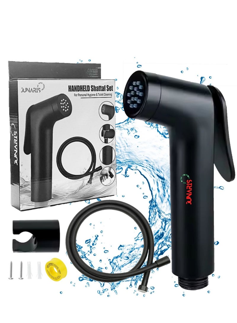 جوناريس رشاش بيديه من بلاستيك ABS مع خرطوم من الفولاذ المقاوم للصدأ | مجموعة رشاش بيديه شطاف يدوي من ABS مع خرطوم من الفولاذ المقاوم للصدأ بطول 1.2 متر وحامل حائط | لمسة نهائية باللون الأسود غير اللامع - Image 1