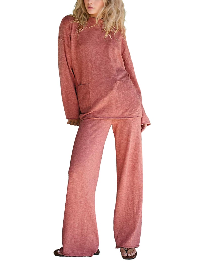 IQSQSQ Women's 2 Piece Sweater Set Long Sleeve Knit Top Wide Leg Pants Spring Fall Winter Casual Lounge Outfit(CoralPink-M) - Image 5