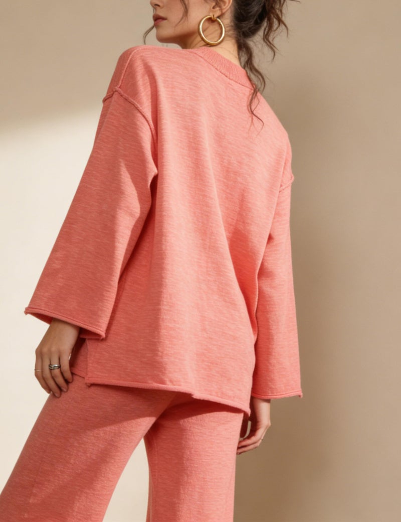 IQSQSQ Women's 2 Piece Sweater Set Long Sleeve Knit Top Wide Leg Pants Spring Fall Winter Casual Lounge Outfit(CoralPink-M) - Image 3