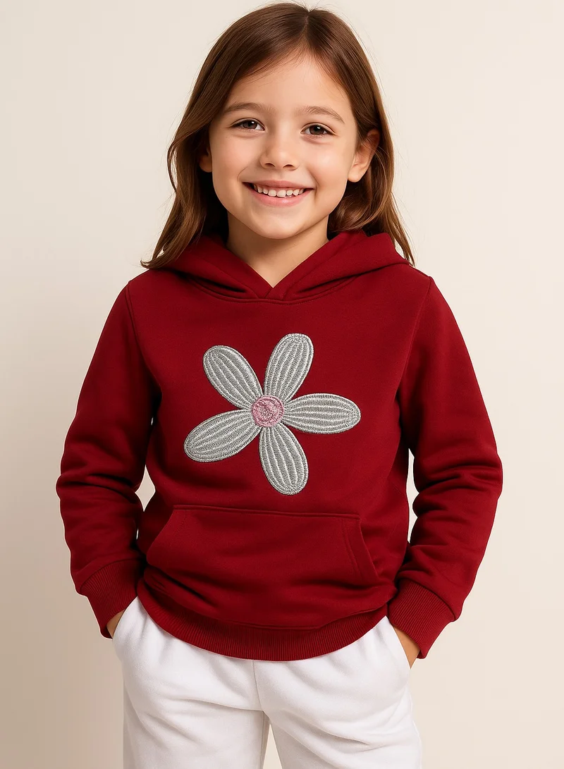 victor and jane Girls Daisy Appliqué Fleece Hoodie – Burgundy