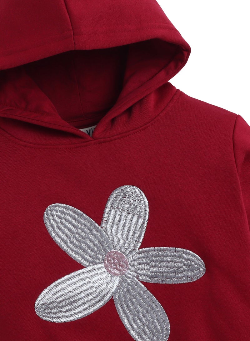 فكتور اند جين هودي صوف بناتي بتطريز زهرة الأقحوان - عنابي - Image 3