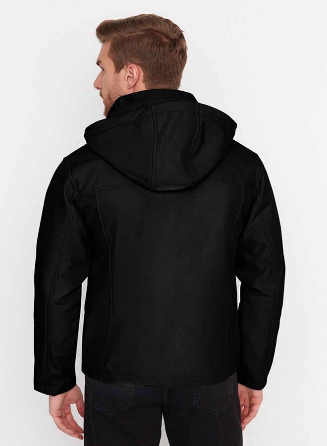 Black Regular Fit Removable Hooded Outdoor Softshell Technical Fabric Coat TMNAW22MO0118