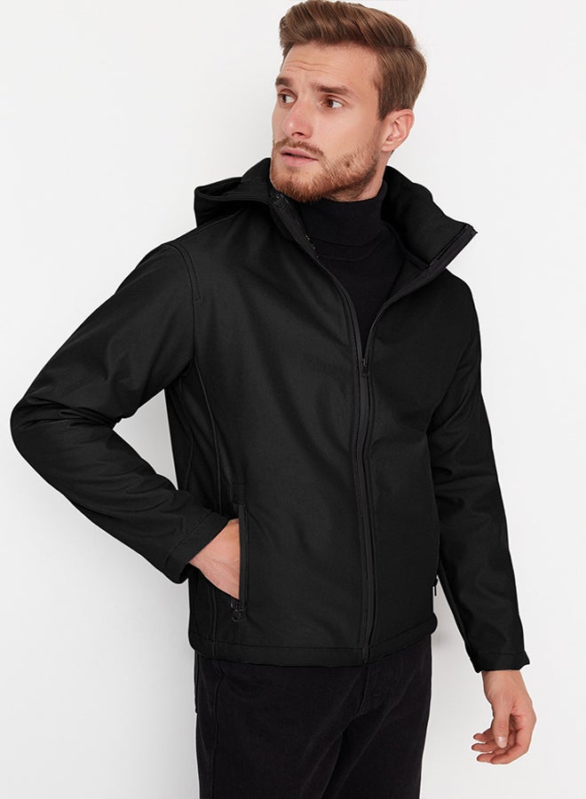 Black Regular Fit Removable Hooded Outdoor Softshell Technical Fabric Coat TMNAW22MO0118