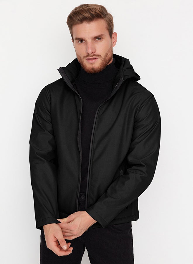 Black Regular Fit Removable Hooded Outdoor Softshell Technical Fabric Coat TMNAW22MO0118