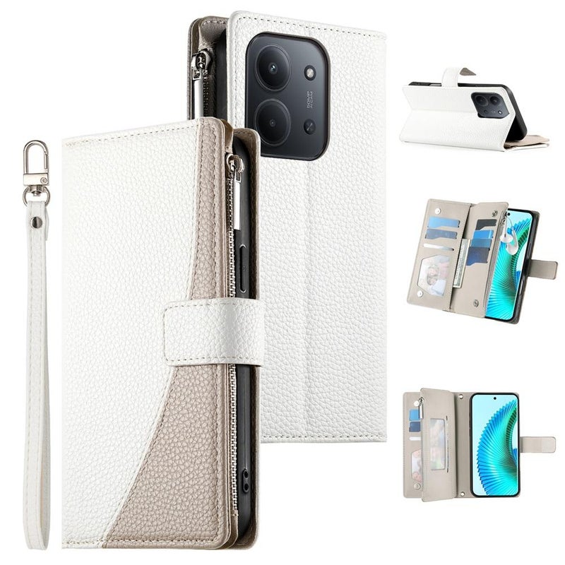 erorex For Redmi 15C 5G / 4G EU 173mm / Poco C85 5G Stitching Multi-card Zipper Wallet Leather Phone Case with Short Strap(White) - Image 1