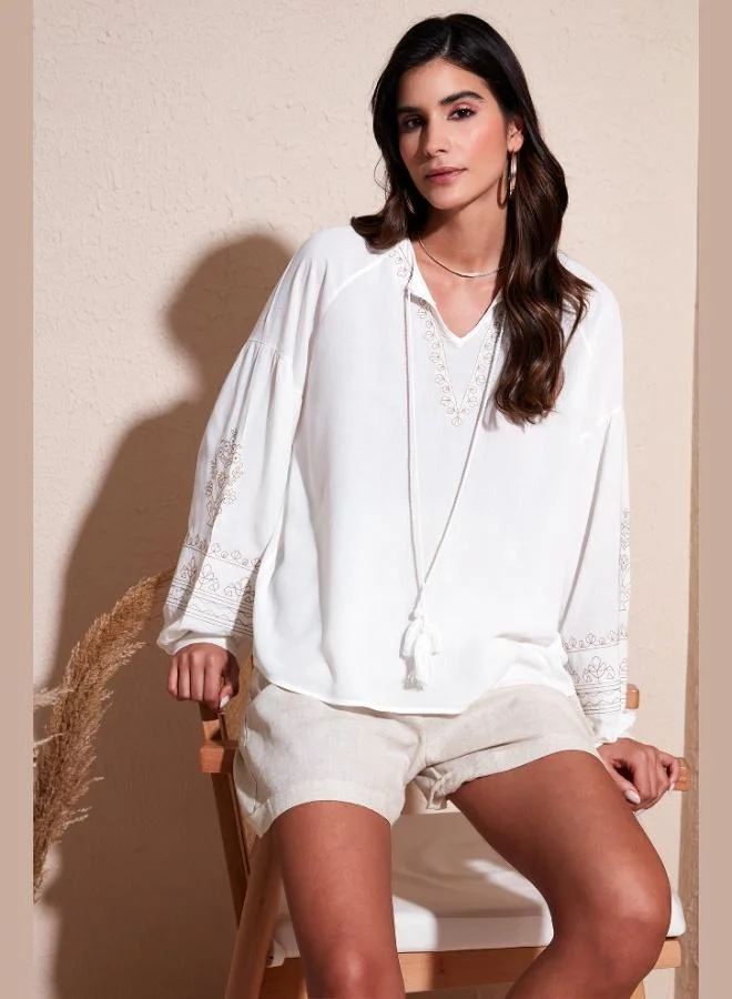 Lela Lela Women's Blouse with Tie Collar, Embroidered Sleeves, V-Neck, Regular Fit, 611BZ0368