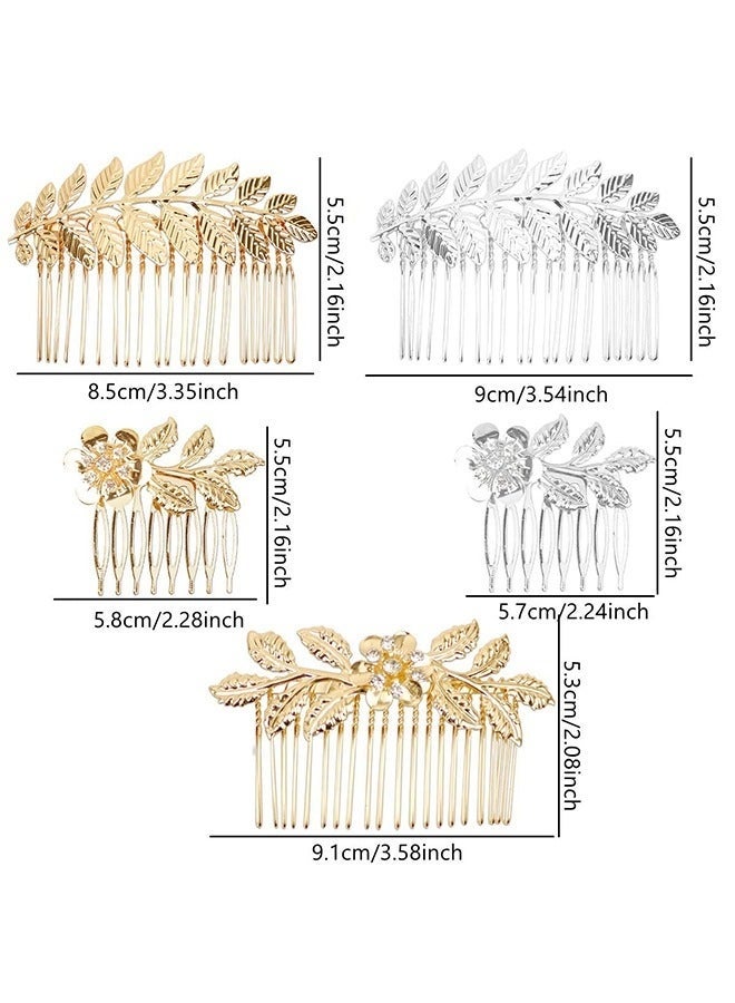 5 Pieces Leaf Hair Side Combs Gold Silver Rhinestone Hair Comb Clips with Teeth Combs for Wedding Hair Accessories for Women, Girls, Bride, Bridesmaid (Gold, Silver) - Image 3