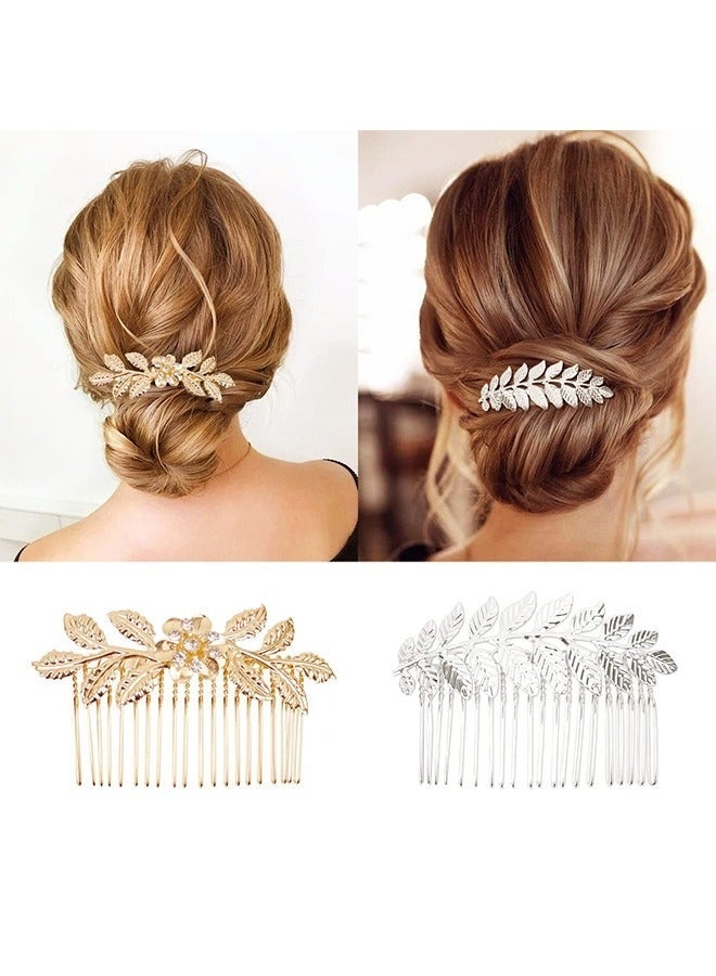 5 Pieces Leaf Hair Side Combs Gold Silver Rhinestone Hair Comb Clips with Teeth Combs for Wedding Hair Accessories for Women, Girls, Bride, Bridesmaid (Gold, Silver) - Image 2