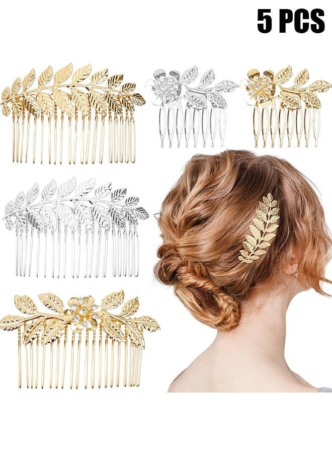5 Pieces Leaf Hair Side Combs Gold Silver Rhinestone Hair Comb Clips with Teeth Combs for Wedding Hair Accessories for Women, Girls, Bride, Bridesmaid (Gold, Silver) - Image 1