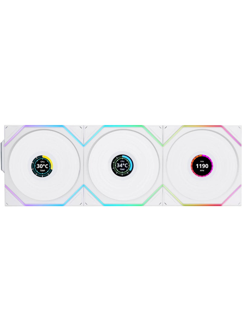 LIAN LI UNI FAN TL120 LCD Wireless Case Fan, 120mm Fan Size, 1900 RPM Fan Speed, 62 CFM Fan Airflow, Fluid Dynamic Bearing Type, PBT & PA66 Material, Pack of 3, White | 12TLLCD1W3W  - Image 1