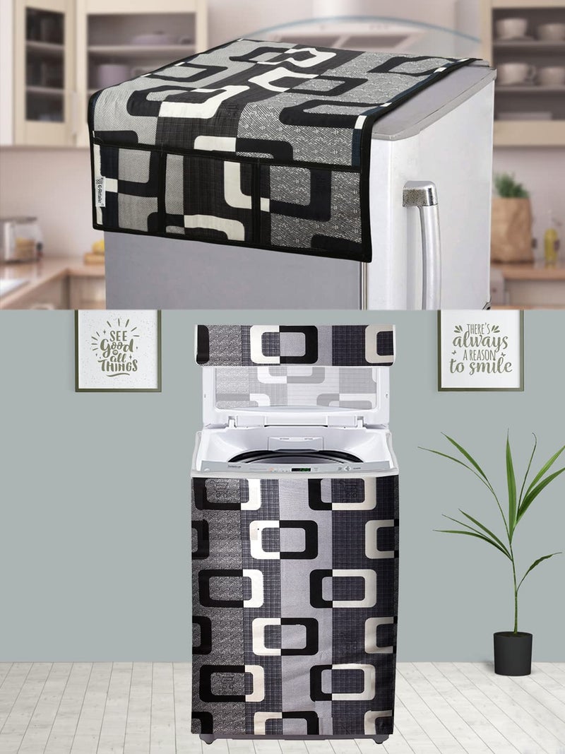 E-Retailer® Exclusive 3-Layered Polyester Combo Set of Appliances Cover (1 Pc. of Fridge Top Cover and 1 Pc. Top Load Washing Machine Cover) (Color-Black, Design-Geometric, Set Contains-2 Pcs.) - Image 1