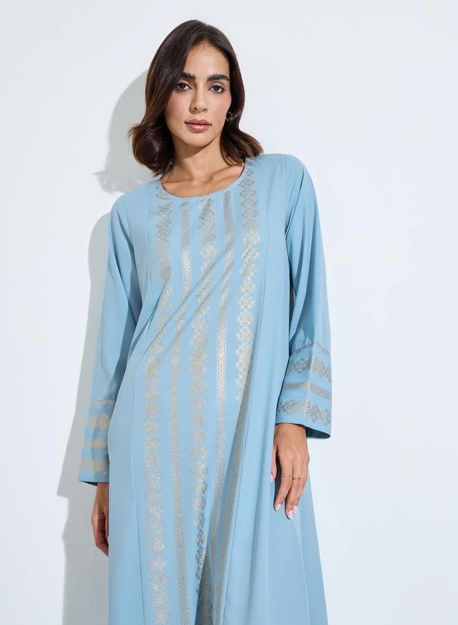 Amirah jalabiya with foil print on side panels and yoke same as ref img. Yoke length 15" from HPS