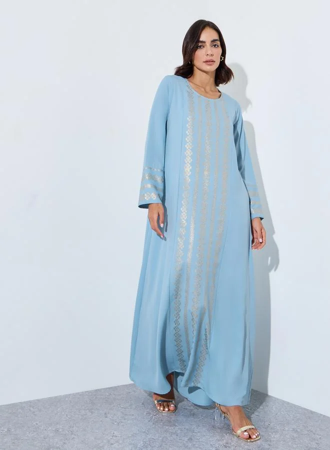 Amirah jalabiya with foil print on side panels and yoke same as ref img. Yoke length 15" from HPS