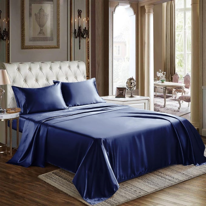 SATIN SHEETS QUEEN SIZE 4 PIECE NAVY BLUE BED SHEET SET WITH SILKY MICROFIBER 1 DEEP POCKET FITTED SHEET 1 FLAT SHEET AND 2 PILLOWCASES SMOOTH AND SOFT