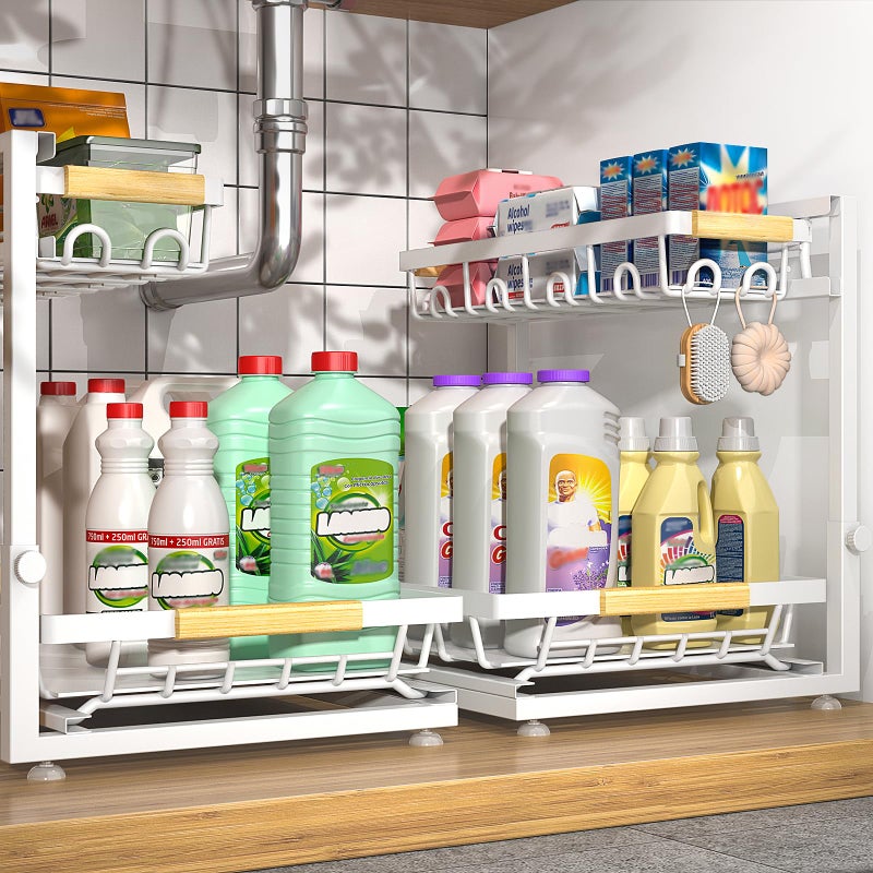 Sevenblue 2 Packs Under Sink Organizer High Adjustable 2 Tier Under Kitchen sink organizer MultiPurpose Storage Shelf for Kitchen Bathroom Cabinet White