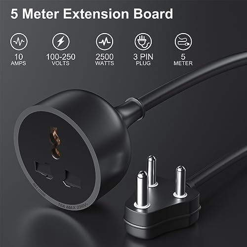 Hoteon Extension Board with 5 Meter Heavy Duty Long Wire Cord, Single Outlet Socket 2500W 10A Expandable Electric Extension, 3 pin Extension Cord, (5M / Black)-1Pcs - Image 2