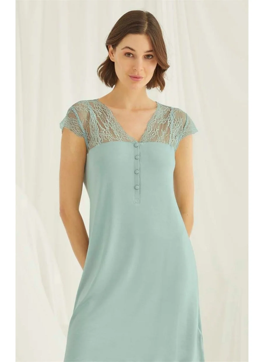 Monamise 18463 Women's Light Green V Neck Front Buttoned Lace Short Sleeve Midi Plus Size Nightgown