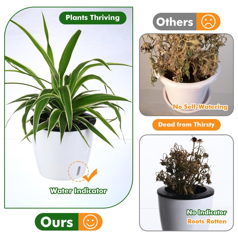 Planterhoma أواني زراعة ذاتية الري بقطر 6.7 بوصة للنباتات الداخلية، 4 عبوات من أواني البنفسج الأفريقي مع مؤشر، وعاء أسود مع فتحات تصريف، أواني زراعة ذاتية الري للأوركيد، لبلاب الشيطان، أبيض - Image 2