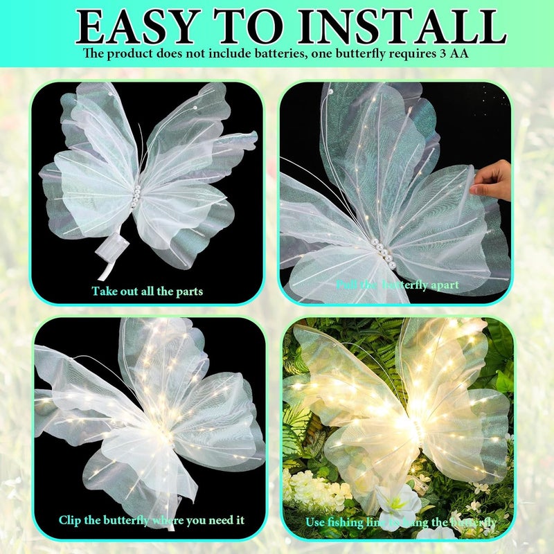 VIHOSE زينة شجرة عيد الميلاد LED كبيرة 24 بوصة على شكل فراشة، زينة عملاقة ثلاثية الأبعاد معلقة، زينة قمة شجرة عيد الميلاد للفنون والحرف، إكليل، زينة حفلات الزفاف (أبيض) - Image 4