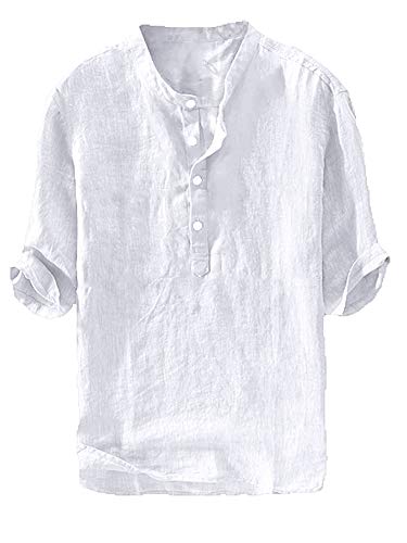 Ryannology Mens Linen Shirts Henley 3/4 Sleeve Casual Cotton T-Shirt Regular-Fit Lightweight Beach Yoga Tunic Tops - Image 5