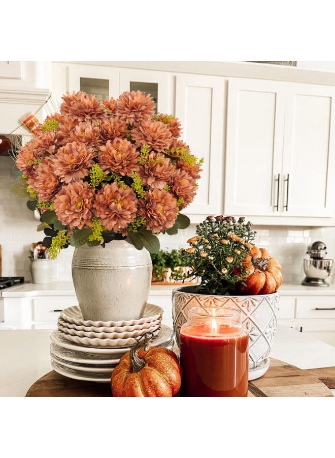 NANAO Fall Flowers Artificial Mums 2 Pcs 18 Heads Silk Chrysanthemums Fake Mums Faux Floral Bouquet Arrangements for Home Decor Indoor Outdoors Planter Pots Porch Wedding Autumn Decoration (Brown) - Image 3