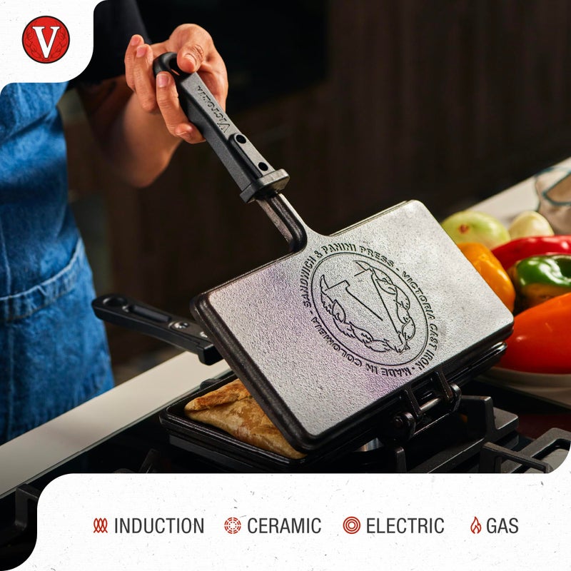 Victoria Cast Iron Panini Maker, Preseasoned Cast Iron Sandwich Maker and Pie Iron with Heat-Resistant Handle, Made in Colombia - Image 3