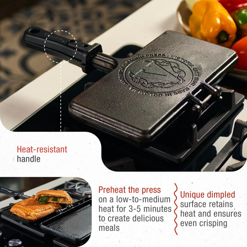Victoria Cast Iron Panini Maker, Preseasoned Cast Iron Sandwich Maker and Pie Iron with Heat-Resistant Handle, Made in Colombia - Image 4