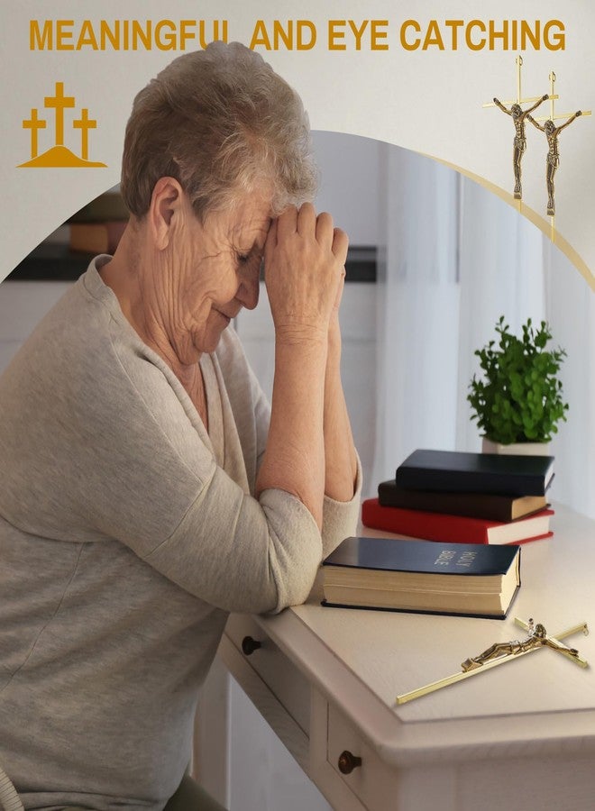 Leinuosen 4 Pieces Crucifix Wall Cross Catholic Slender Metal Crosses Wall Decor for Home Decor Hanging Jesus, 10 x 5 x 1 Inches(Gold) - Image 4