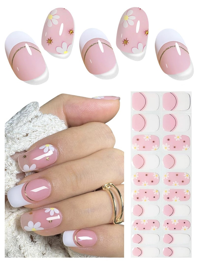 Wahrshei Semi Cured Gel Nail Strips - French Pink Flower Hydrangea Nail Wraps, 20pcs, UV Ready for DIY Nails - Image 1