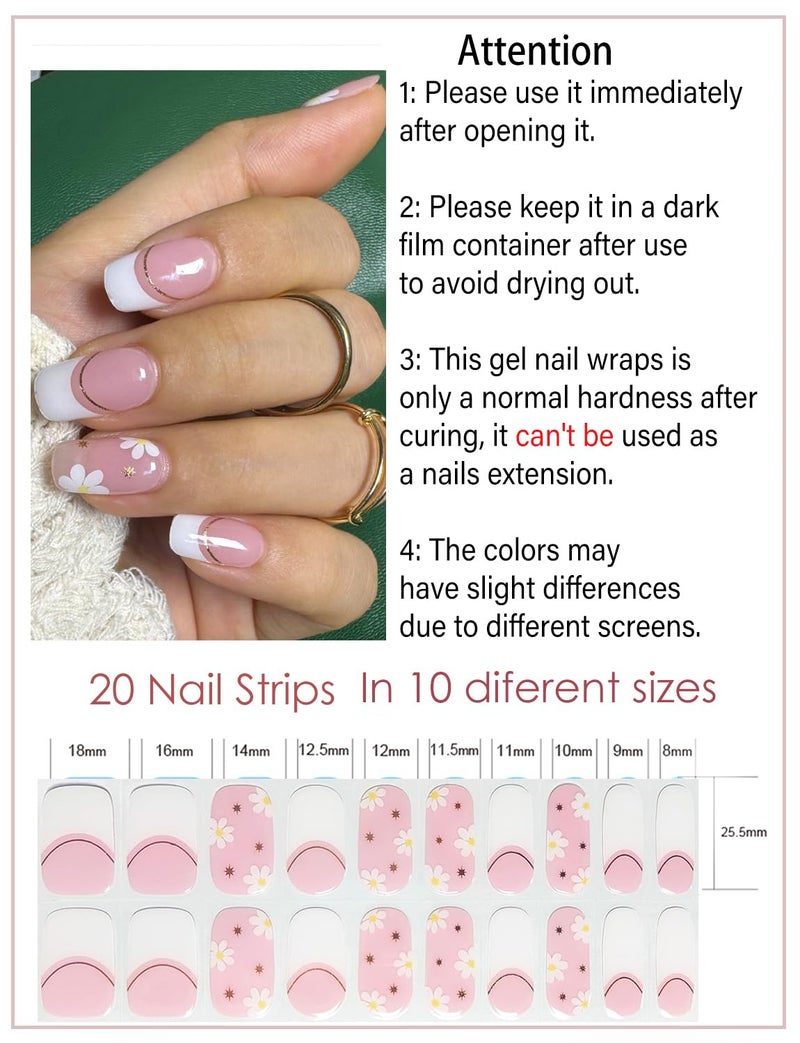Wahrshei Semi Cured Gel Nail Strips - French Pink Flower Hydrangea Nail Wraps, 20pcs, UV Ready for DIY Nails - Image 3
