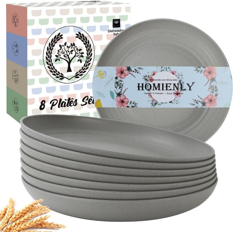 Homienly Deep Dinner Set of 8 Wheat Straw Plates  Alternative to Plastic Microwave  Dishwasher Safe Unbreakable  Lightweight Round Plates Grey9 inch - Image 1